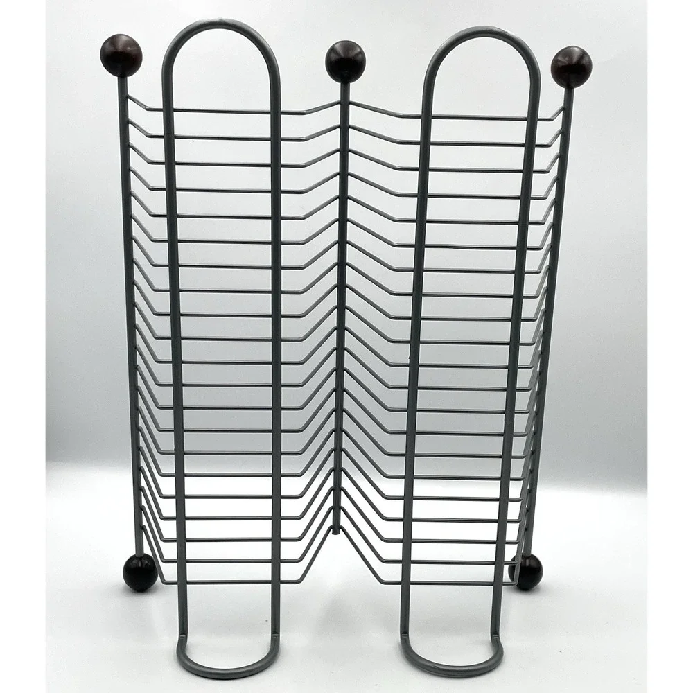Vintage 1990s Metal Wire 40 CD Storage Rack Holder Organizer Gray Wood Ball Feet